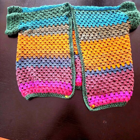 Handmade Colorful Crochet Short Flutter Sleeve Cardigan OS| Artsy Boho Eclectic - Picture 3 of 10
